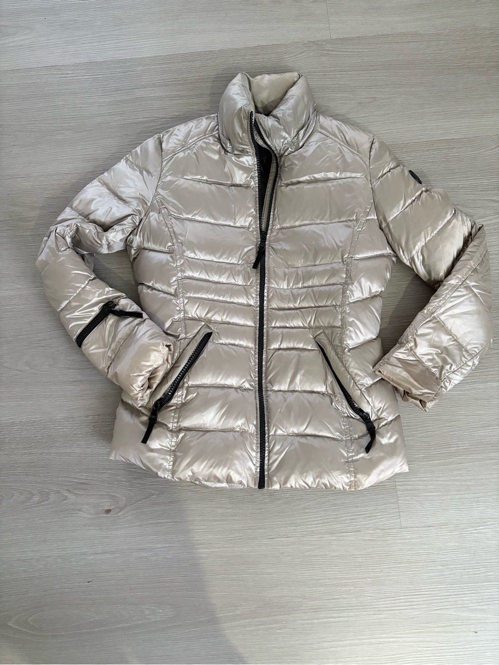 Andrew Marc Shiny Light Beige Quilted Puffer Jacket